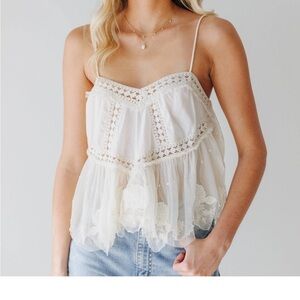 Free People Lace Trim Boho Cami Tank Ivory NWT Size M
